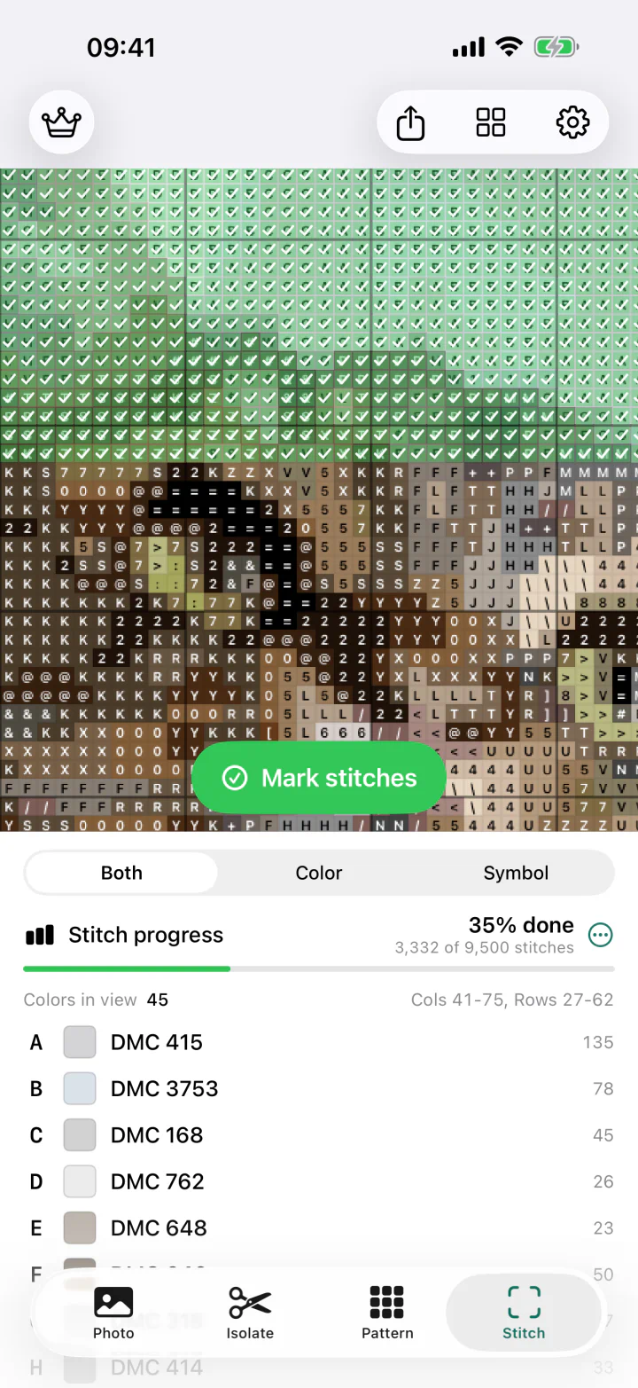 Skeina stitch chart with completed squares marked and saved progress
