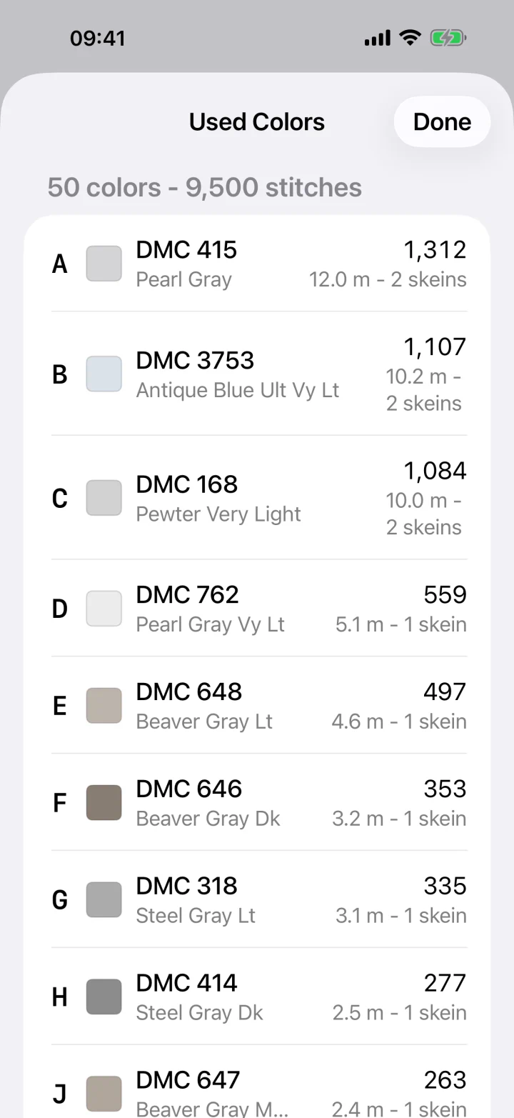 DMC thread color list and skein estimates in Skeina